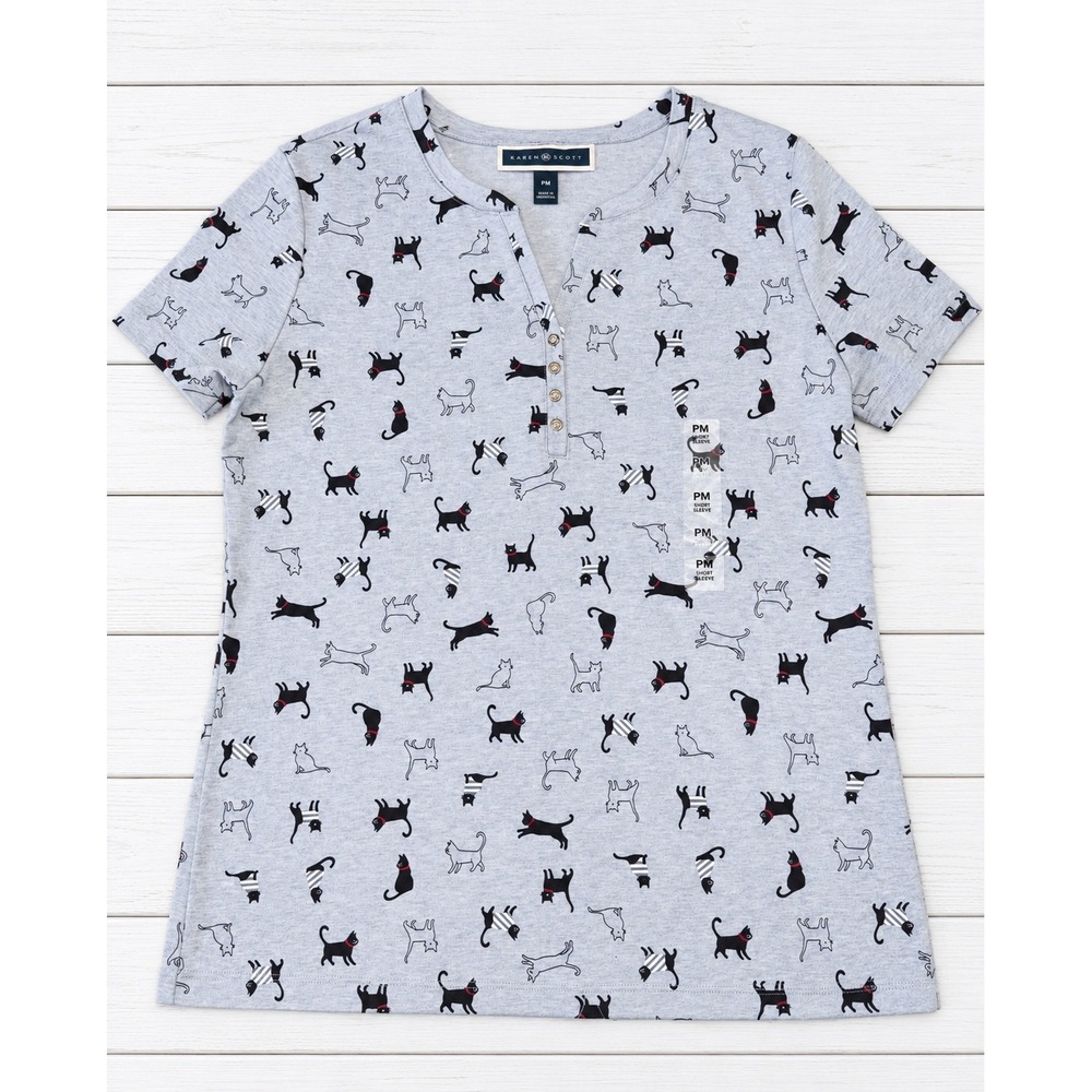 NEW Karen Scott Short Sleeve Henley Cat Print Whimsical Casual Pet Lover Top PM